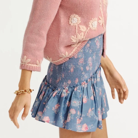 LOVESHACKFANCY Anguilla Floral Faded Denim Ruffle Mini Skirt - Picture 2 of 6